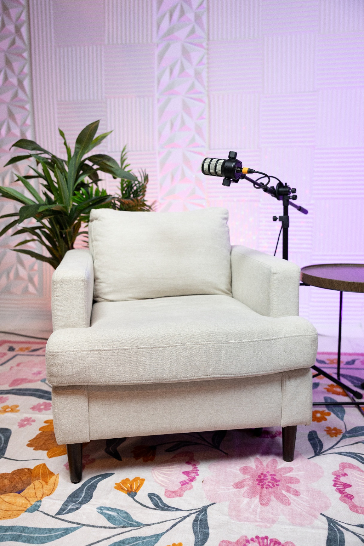 Single-chair podcast set with broadcast mic